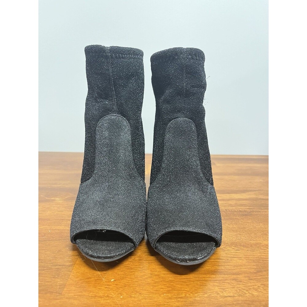 G by GUESS Black Glitter Peep Toe Ankle Bootie Zip Stiletto Synthetic Boots 8M